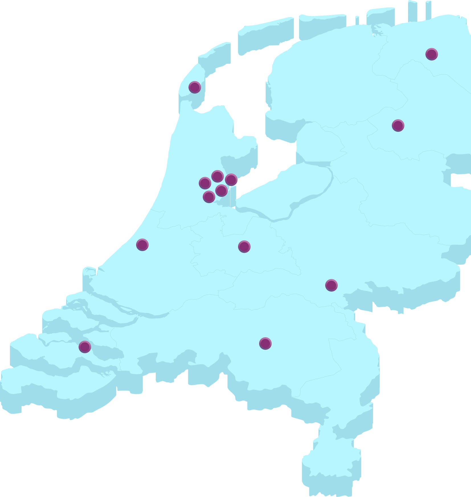 Kaart van Nederland met daarin de locaties van de NWO-instituten: Texel, Yerseke, Groningen, Dwingeloo, Nijmegen, Eindhoven, Leiden en Amsterdam